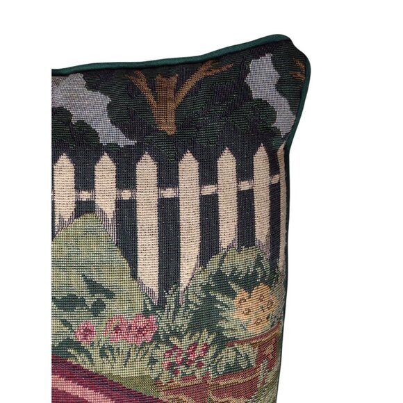 Large Vintage Tapestry Garden Scene Throw Pillow 17 x 17 Cottagecore Flowers - Picture 4 of 7